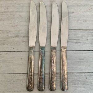 4 Meriden Silverplate Delight Knives Dinner Knife Floral Vintage 50s HTF Set 8.5